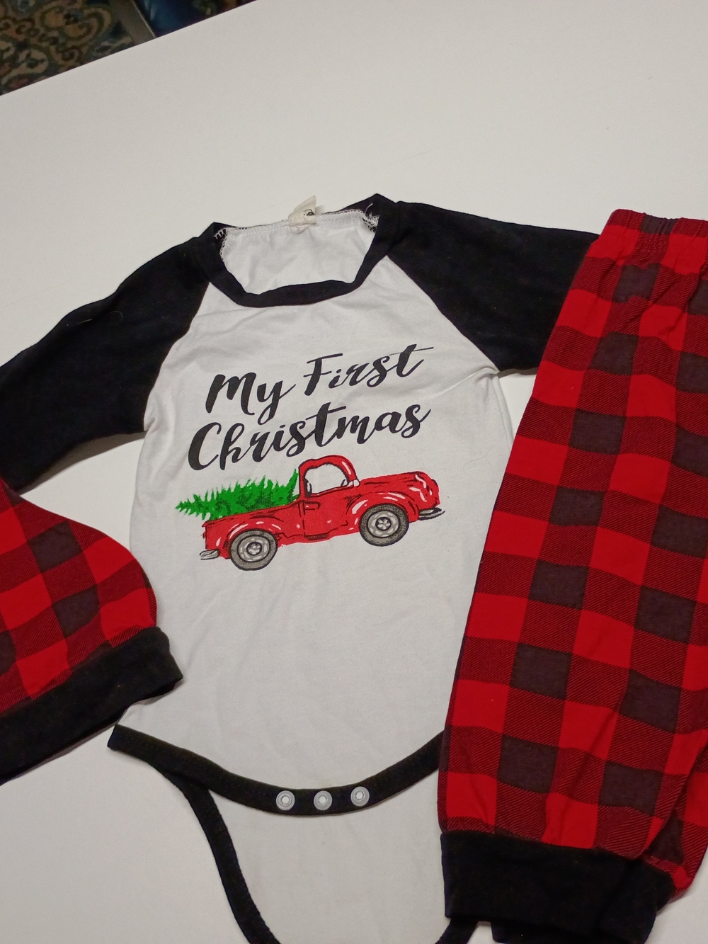 Baby 'My First Christmas' Red Truck Holiday Onesie with Buffalo Plaid Pants